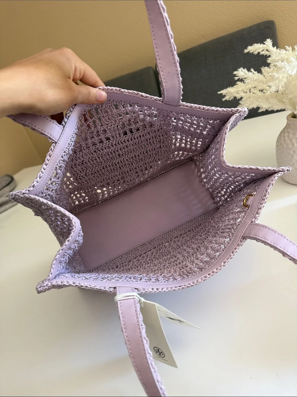NWT , tory burch ELLA HAND-CROCHETED SMALL TOTE pale purple